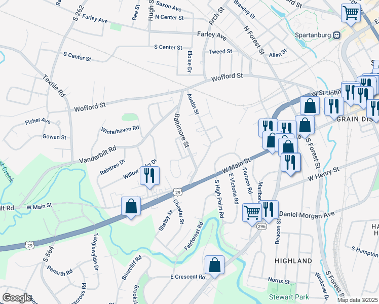 map of restaurants, bars, coffee shops, grocery stores, and more near 773 Baltimore Street in Spartanburg