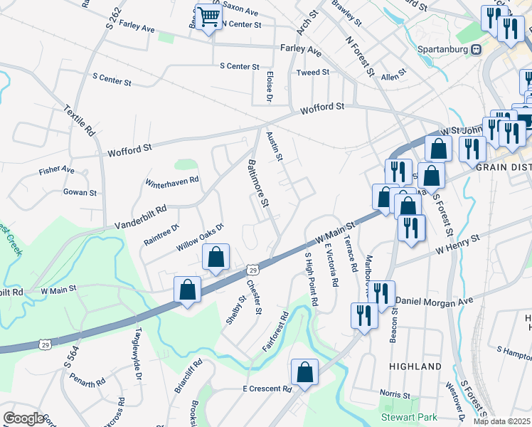 map of restaurants, bars, coffee shops, grocery stores, and more near 773 Baltimore Street in Spartanburg