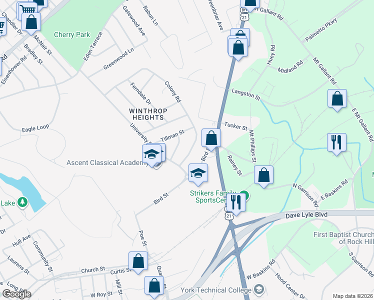 map of restaurants, bars, coffee shops, grocery stores, and more near 1758 Colony Road in Rock Hill
