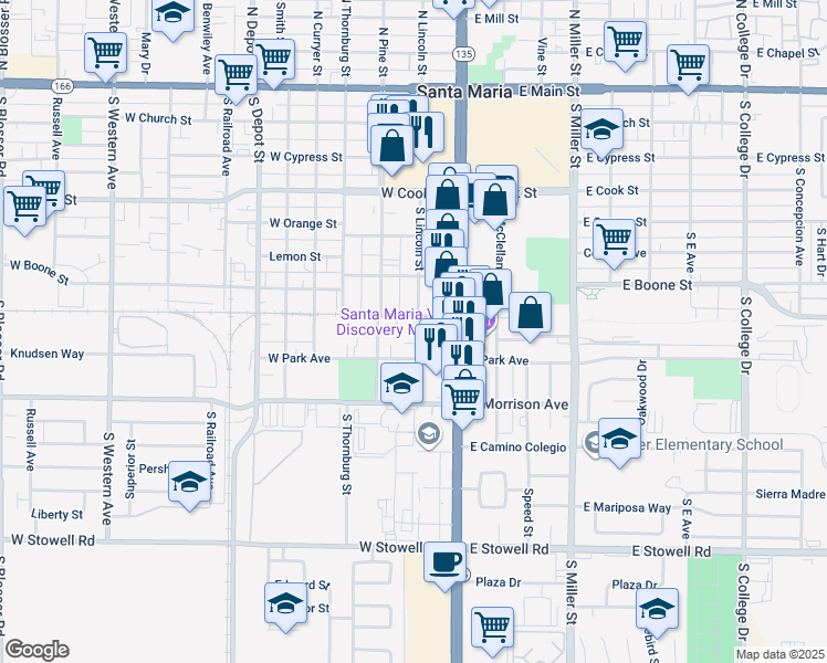 map of restaurants, bars, coffee shops, grocery stores, and more near 709 South Lincoln Street in Santa Maria