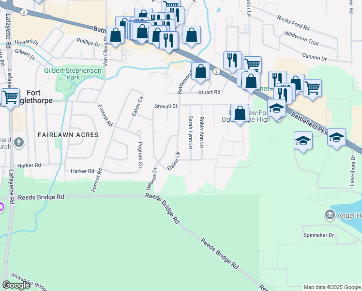 map of restaurants, bars, coffee shops, grocery stores, and more near 59 Sarah Lynn Lane in Fort Oglethorpe