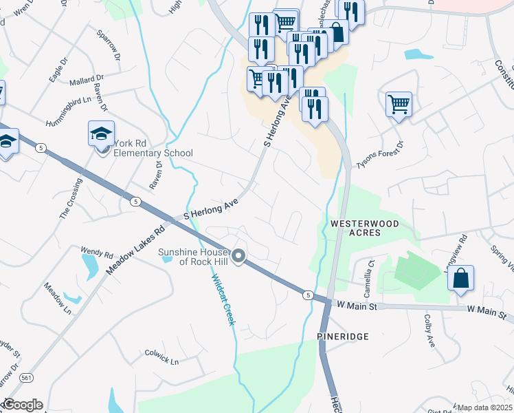 map of restaurants, bars, coffee shops, grocery stores, and more near 1833 Eastover Drive in Rock Hill