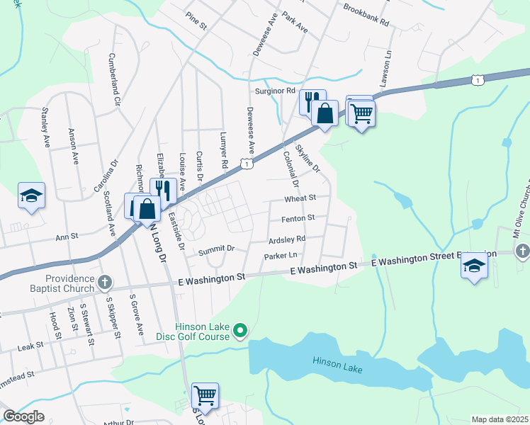 map of restaurants, bars, coffee shops, grocery stores, and more near 223 Confederate Avenue in Rockingham