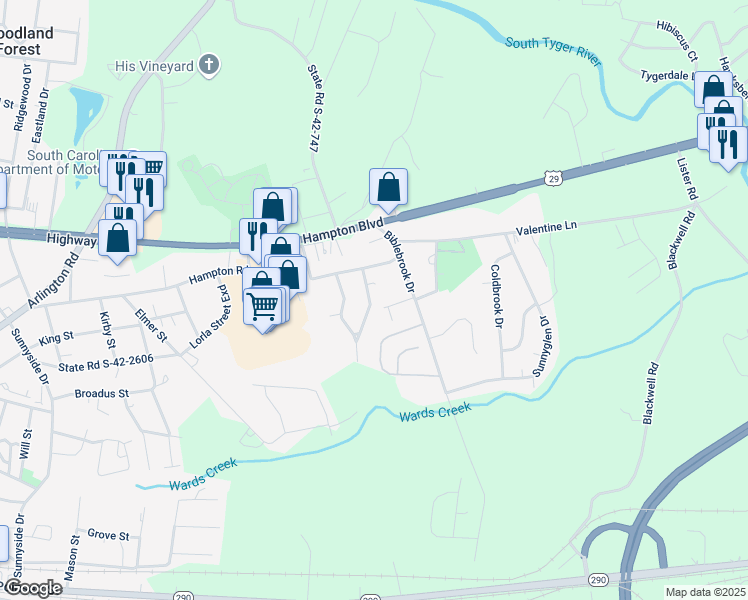 map of restaurants, bars, coffee shops, grocery stores, and more near 111 State Road S-42-2623 in Greer
