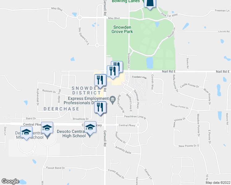 map of restaurants, bars, coffee shops, grocery stores, and more near 5813 Bedford Place in Southaven