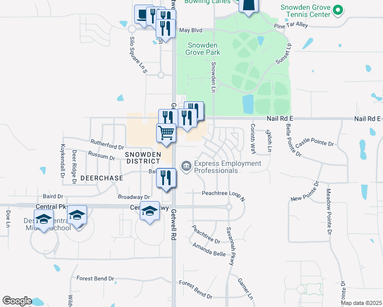 map of restaurants, bars, coffee shops, grocery stores, and more near 5740 Getwell Road in Southaven