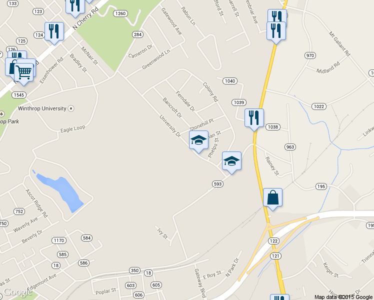 map of restaurants, bars, coffee shops, grocery stores, and more near 547 University Drive in Rock Hill