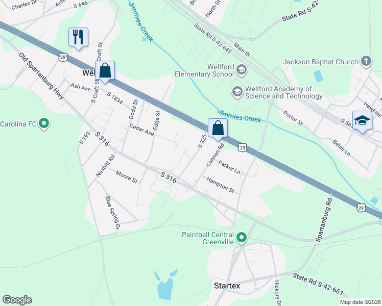 map of restaurants, bars, coffee shops, grocery stores, and more near 165A Forrest Street in Wellford