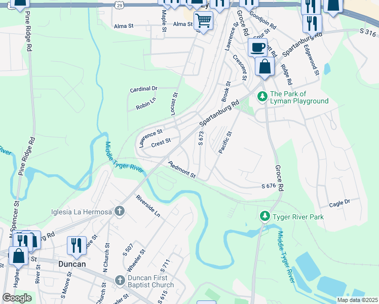map of restaurants, bars, coffee shops, grocery stores, and more near 12 Meadow St in Lyman