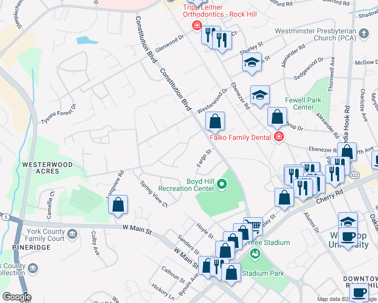 map of restaurants, bars, coffee shops, grocery stores, and more near 281 Hancock Union Lane in Rock Hill