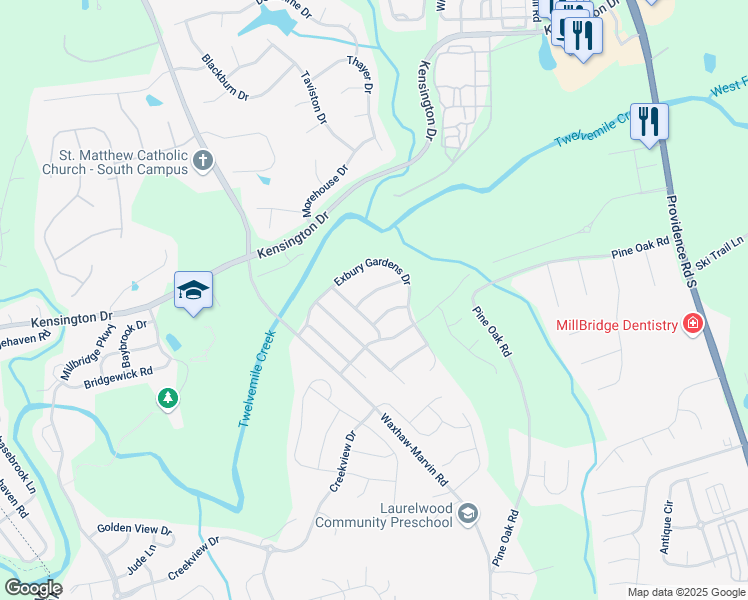 map of restaurants, bars, coffee shops, grocery stores, and more near 8402 Stourhead Gardens Lane in Waxhaw