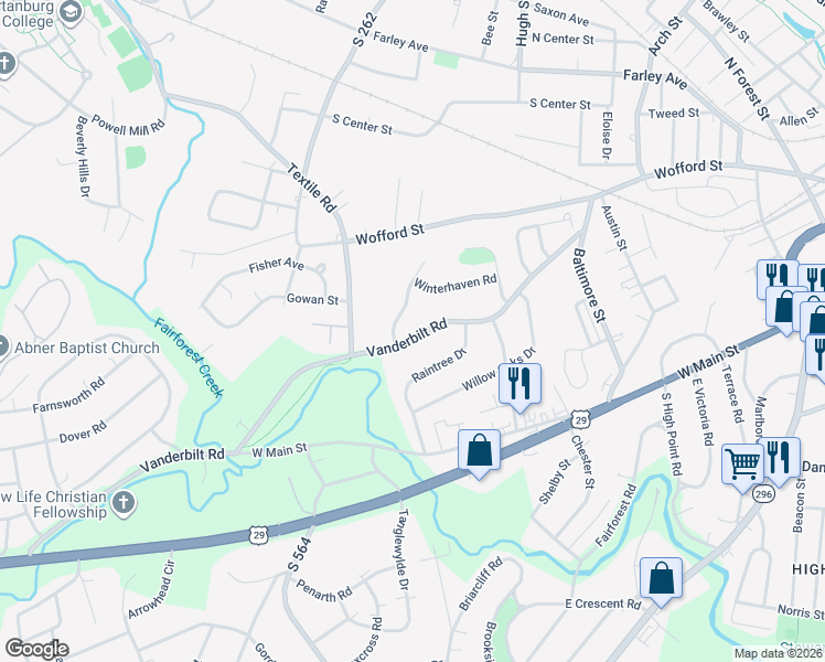 map of restaurants, bars, coffee shops, grocery stores, and more near 382 Vanderbilt Road in Spartanburg