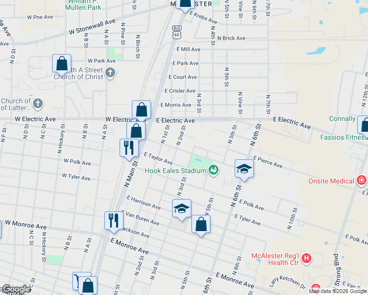 map of restaurants, bars, coffee shops, grocery stores, and more near 209 East Fillmore Avenue in McAlester