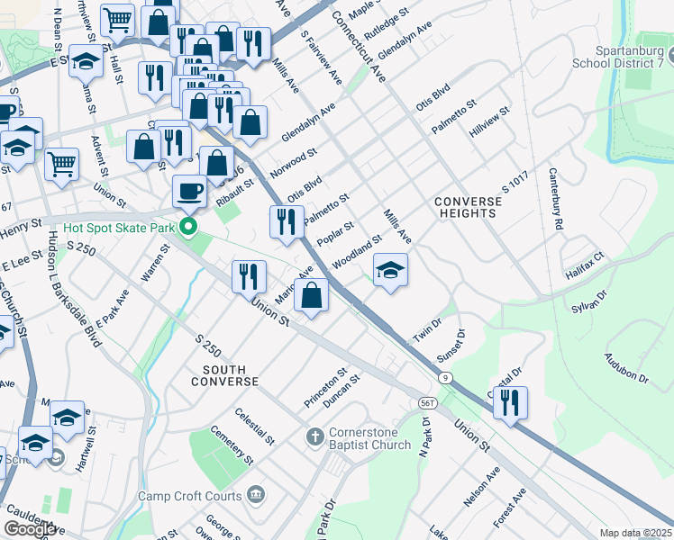 map of restaurants, bars, coffee shops, grocery stores, and more near 411 South Pine Street in Spartanburg