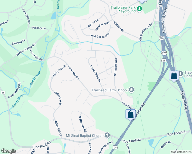 map of restaurants, bars, coffee shops, grocery stores, and more near 405 Summitbluff Drive in Greenville