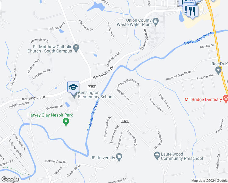 map of restaurants, bars, coffee shops, grocery stores, and more near 3602 Exbury Gardens Drive in Waxhaw