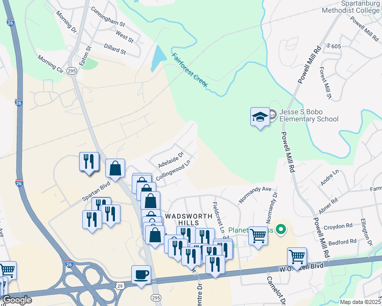 map of restaurants, bars, coffee shops, grocery stores, and more near 303 Collingwood Lane in Spartanburg