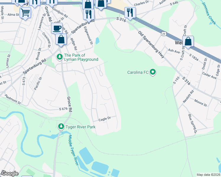 map of restaurants, bars, coffee shops, grocery stores, and more near 449 Rebel Ridge Road in Lyman
