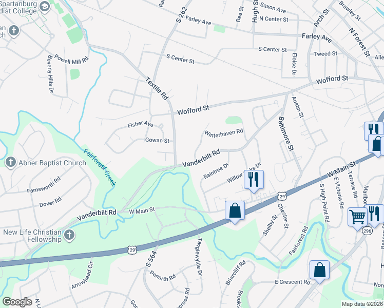 map of restaurants, bars, coffee shops, grocery stores, and more near 203 Edenbridge Lane in Spartanburg