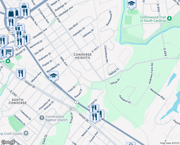 map of restaurants, bars, coffee shops, grocery stores, and more near 460 South Fairview Avenue in Spartanburg