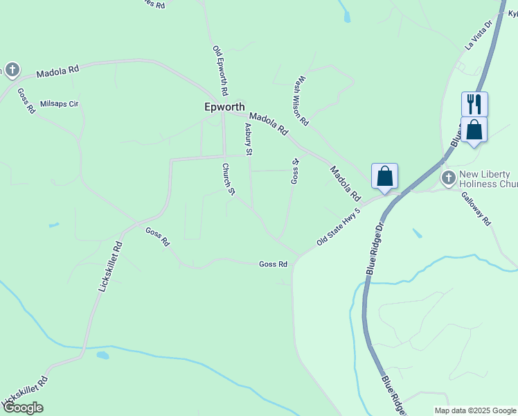 map of restaurants, bars, coffee shops, grocery stores, and more near 210 Church Street in Epworth