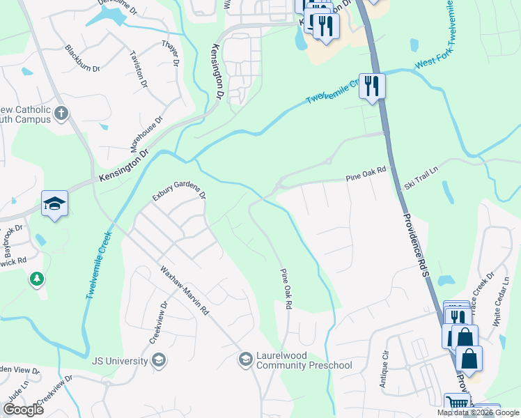 map of restaurants, bars, coffee shops, grocery stores, and more near 8003 Pine Oak Road in Waxhaw