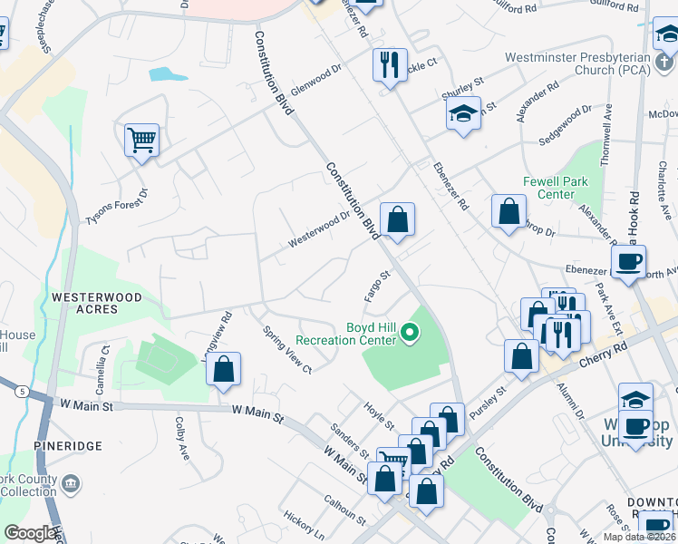 map of restaurants, bars, coffee shops, grocery stores, and more near 288 Hancock Union Lane in Rock Hill