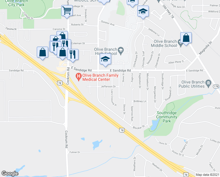 map of restaurants, bars, coffee shops, grocery stores, and more near 5853 Lee's Crossing Street in Olive Branch