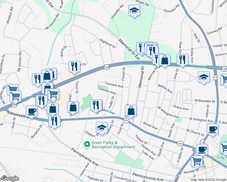 map of restaurants, bars, coffee shops, grocery stores, and more near 202 Canteen Avenue in Greer
