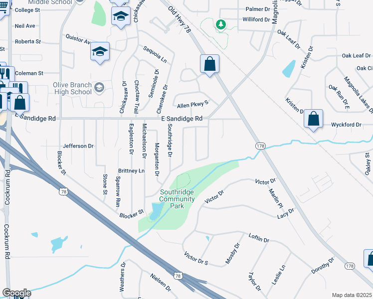 map of restaurants, bars, coffee shops, grocery stores, and more near 5856 Southbend Lane in Olive Branch