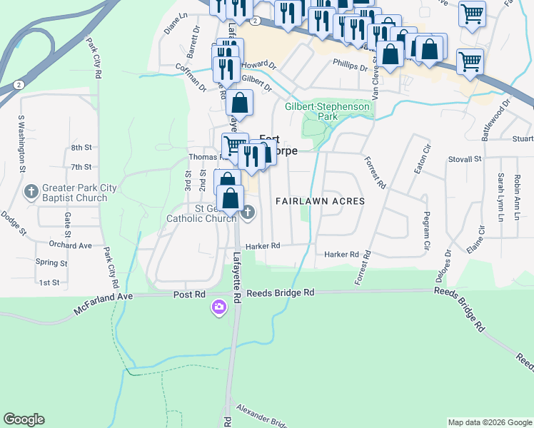 map of restaurants, bars, coffee shops, grocery stores, and more near 208 Robert E Lee Street in Fort Oglethorpe