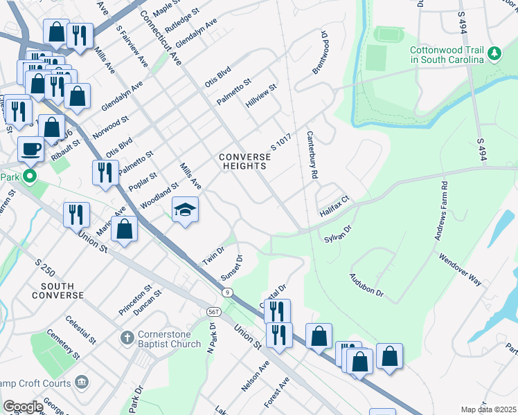 map of restaurants, bars, coffee shops, grocery stores, and more near 460 South Fairview Avenue in Spartanburg