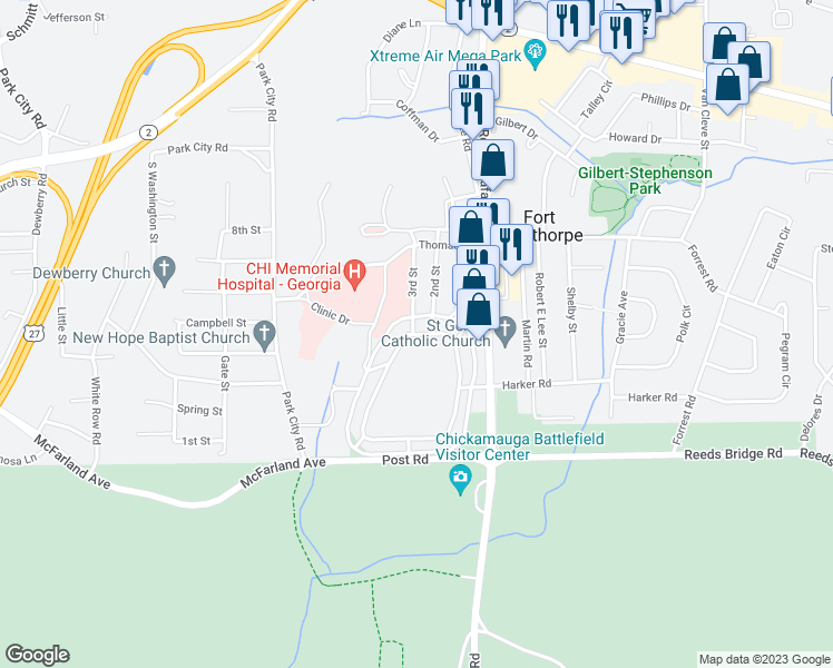 map of restaurants, bars, coffee shops, grocery stores, and more near 419 Barnhardt Circle in Fort Oglethorpe
