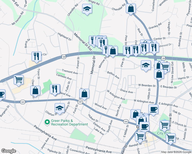 map of restaurants, bars, coffee shops, grocery stores, and more near 211 Morrow Street in Greer