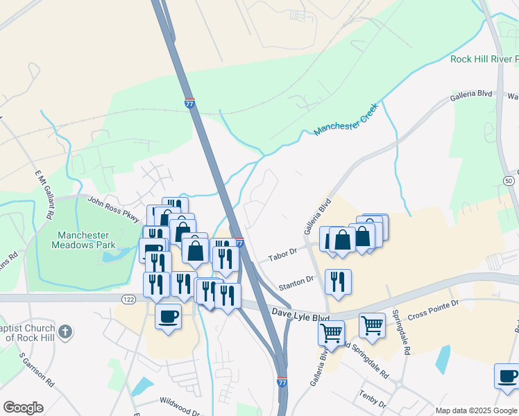 map of restaurants, bars, coffee shops, grocery stores, and more near 2505 Galleria Pointe Circle in Rock Hill