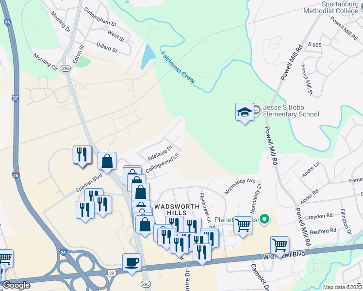 map of restaurants, bars, coffee shops, grocery stores, and more near 303 Collingwood Lane in Spartanburg