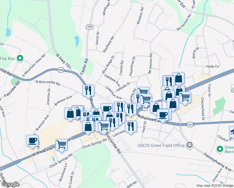 map of restaurants, bars, coffee shops, grocery stores, and more near 200 Hillside Drive in Greer