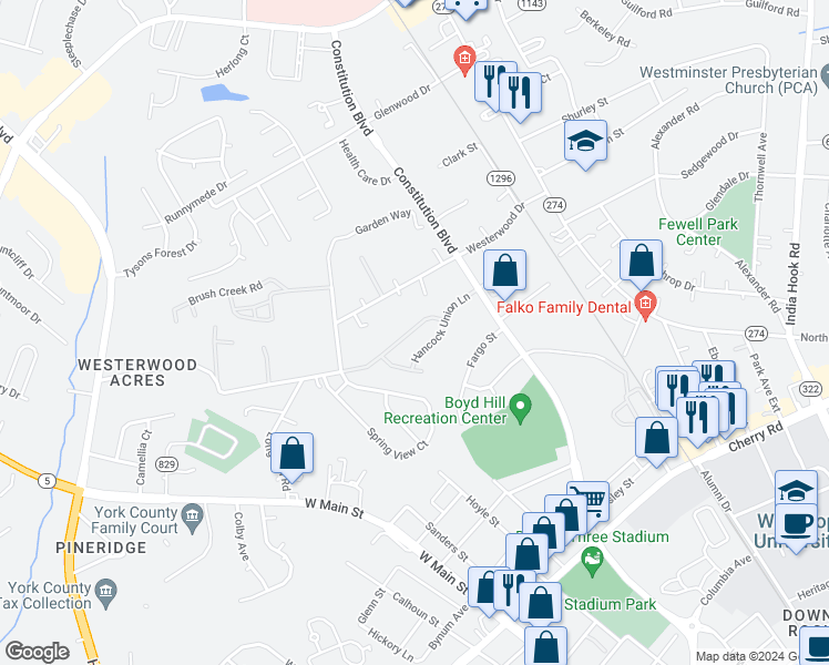 map of restaurants, bars, coffee shops, grocery stores, and more near 1140 Constitution Park Boulevard in Rock Hill