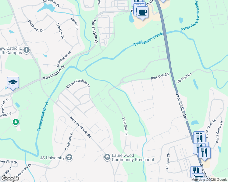 map of restaurants, bars, coffee shops, grocery stores, and more near 8003 Pine Oak Road in Waxhaw