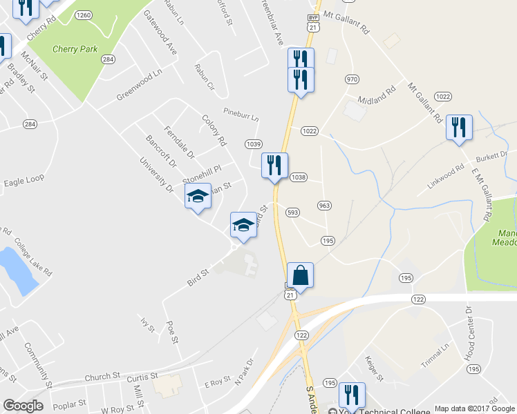 map of restaurants, bars, coffee shops, grocery stores, and more near 1735 Bird Street in Rock Hill