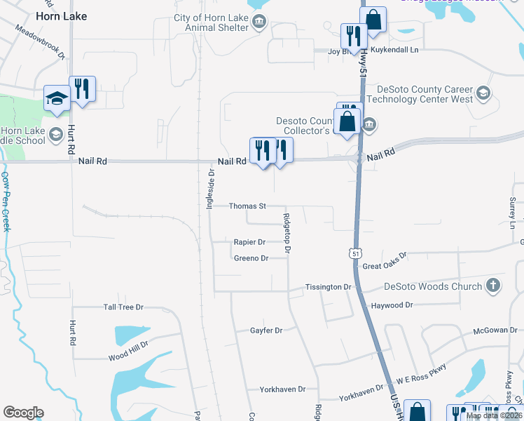 map of restaurants, bars, coffee shops, grocery stores, and more near 1857 Thomas Street in Horn Lake
