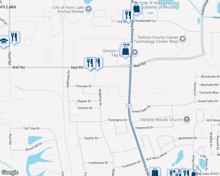 map of restaurants, bars, coffee shops, grocery stores, and more near 1675 Thomas Street in Horn Lake