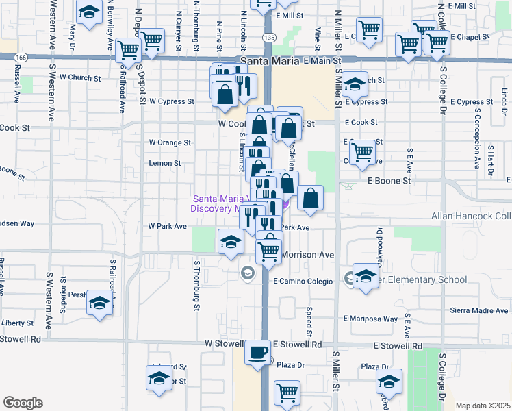 map of restaurants, bars, coffee shops, grocery stores, and more near 715 South Broadway in Santa Maria