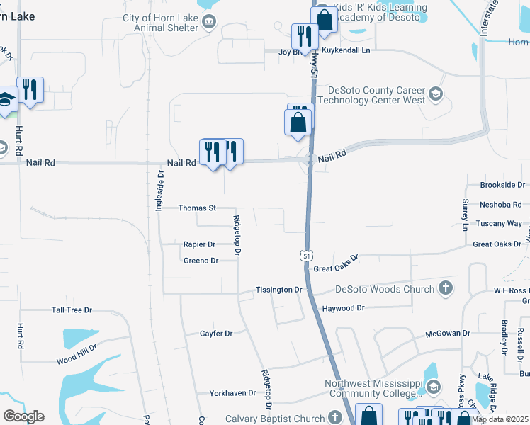 map of restaurants, bars, coffee shops, grocery stores, and more near 1651 Thomas Street in Horn Lake