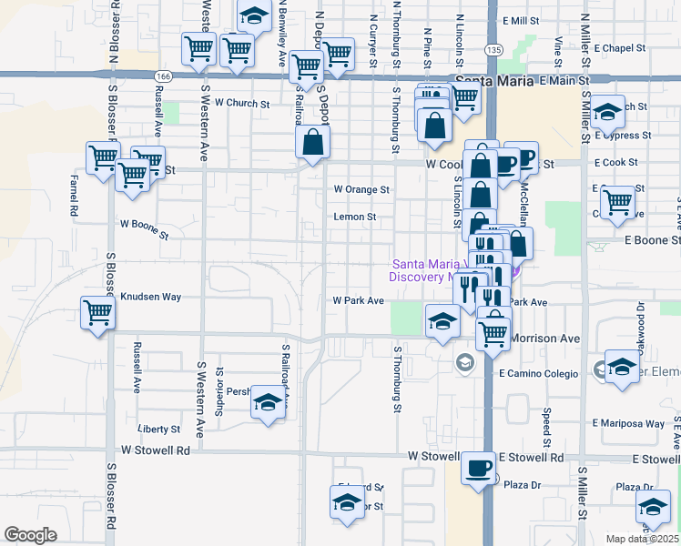 map of restaurants, bars, coffee shops, grocery stores, and more near 705 South Smith Street in Santa Maria