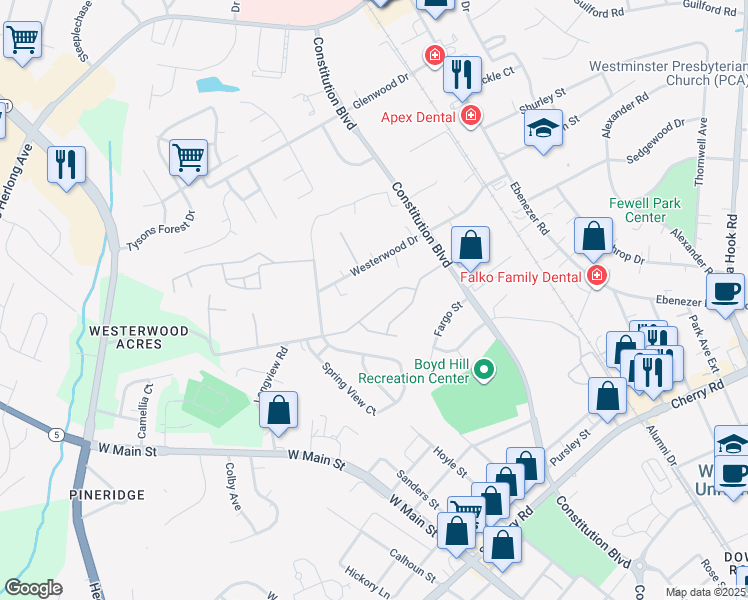 map of restaurants, bars, coffee shops, grocery stores, and more near 1111 Constitution Park Boulevard in Rock Hill