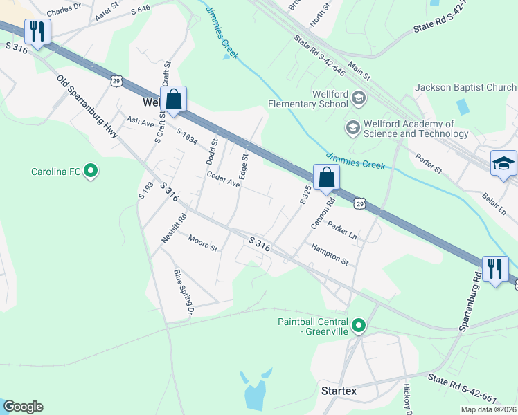 map of restaurants, bars, coffee shops, grocery stores, and more near 139 Cedar Avenue in Wellford