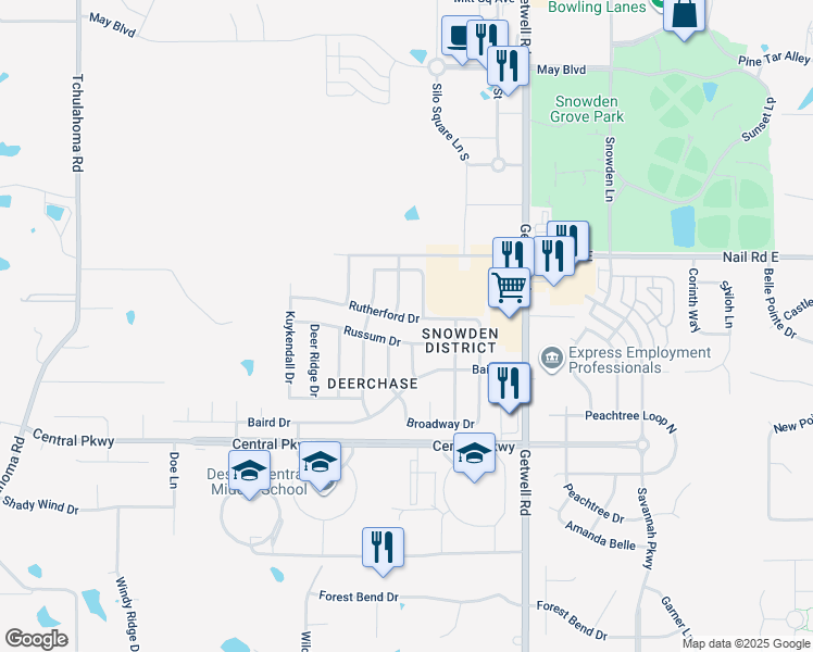 map of restaurants, bars, coffee shops, grocery stores, and more near 2741 Rutherford Drive in Southaven