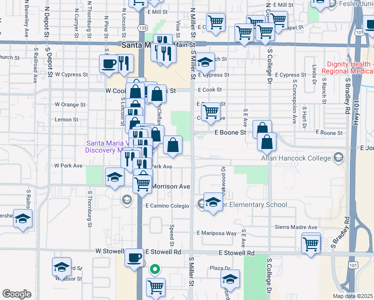 map of restaurants, bars, coffee shops, grocery stores, and more near 705 Miller Street in Santa Maria