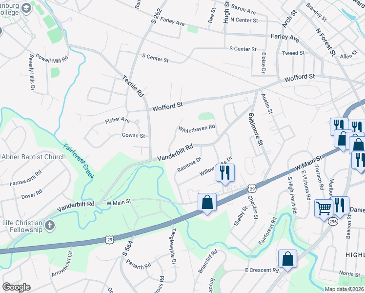 map of restaurants, bars, coffee shops, grocery stores, and more near 382 Vanderbilt Road in Spartanburg